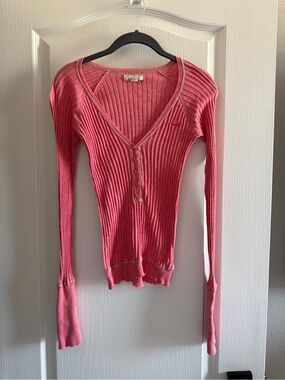 Hollister Pink Ribbed V-Neck Henley Sweater